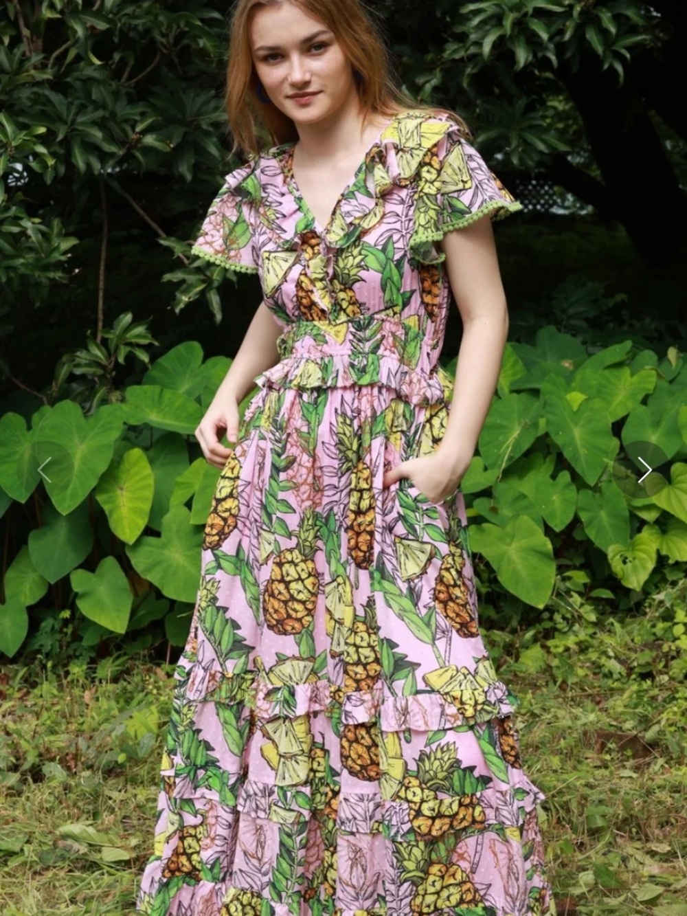 NWOT Maude Vivante
Pineapples Ana Dress Size M Boho
Tropical Pink Ruffle
